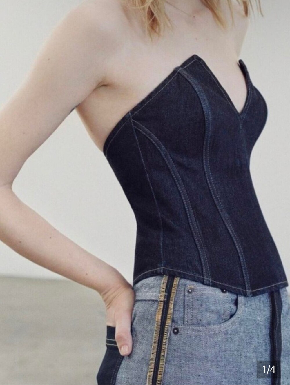 Zara NWT Strapless V-Neck Dark Blue Denim Corset Top Size S